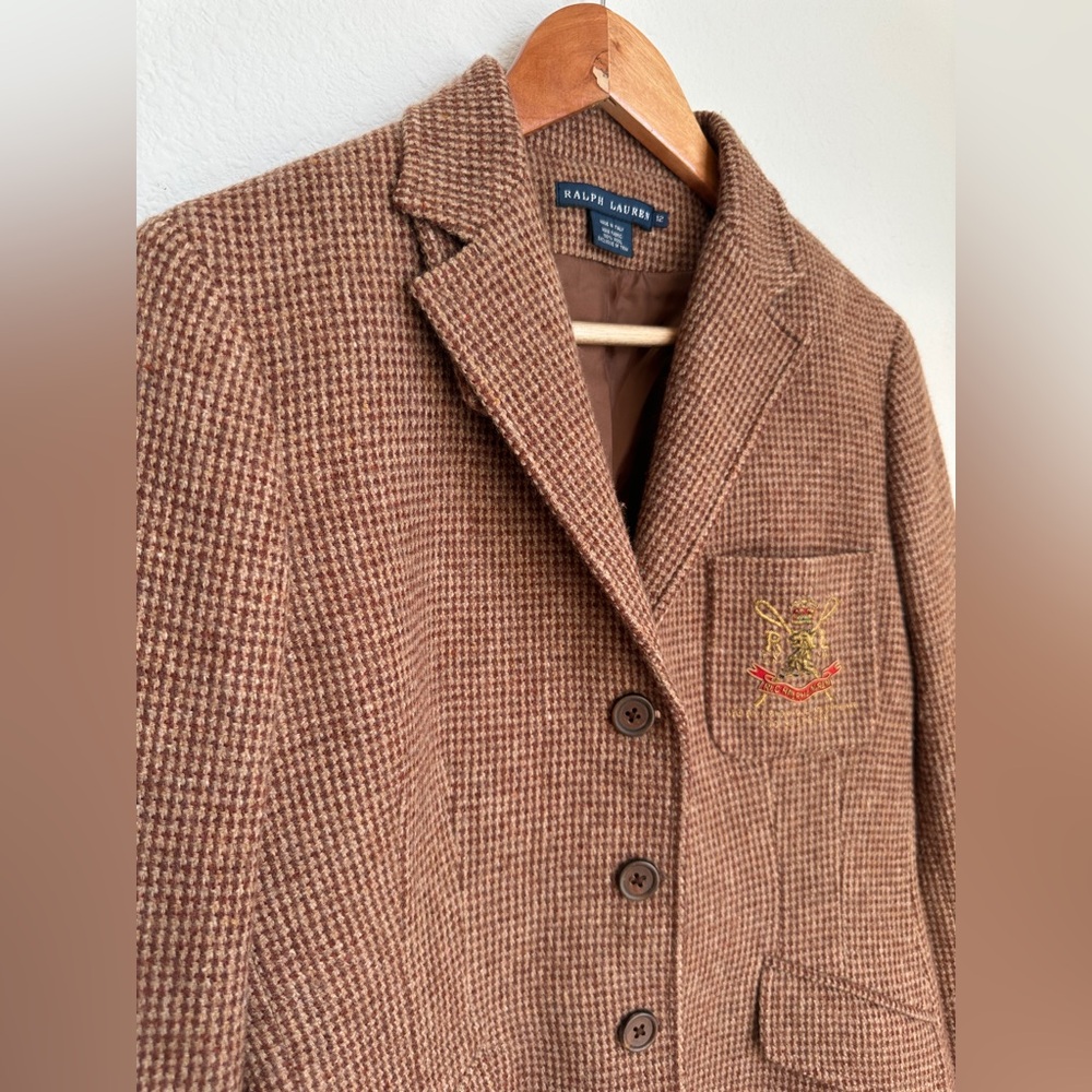 Vintage Ralph Lauren houndstooth riding blazer pure Woolmark Plaid Trim Italy 12 - Picture 7 of 17